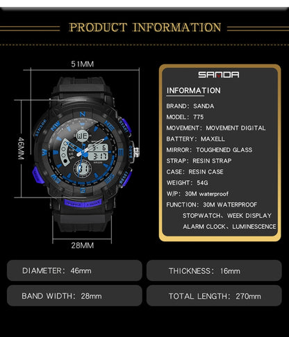 SANDA 775 Uhr Herren Elektronische Uhr Erwachsene Mittelschüler Jugendliche Multifunktionale Sport Wasserdichte Trend Doppeluhr