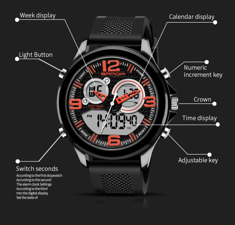 SANDA 793 Grande Montre de Marée à Cadran Tendance pour Étudiant Multi-Fonctions Double Luminescence Étanche Montre Électronique