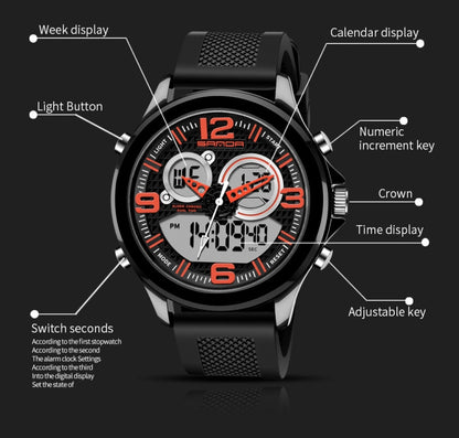 SANDA 793 Grande Montre de Marée à Cadran Tendance pour Étudiant Multi-Fonctions Double Luminescence Étanche Montre Électronique