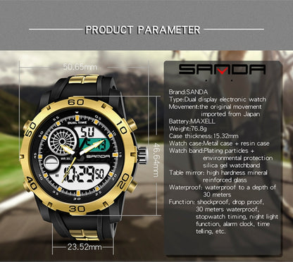 SANDA Nouvelle Montre Multifonctionnelle Lumineuse en Plastique Étanche Hommes Sports de Plein Air Montre Électronique LED