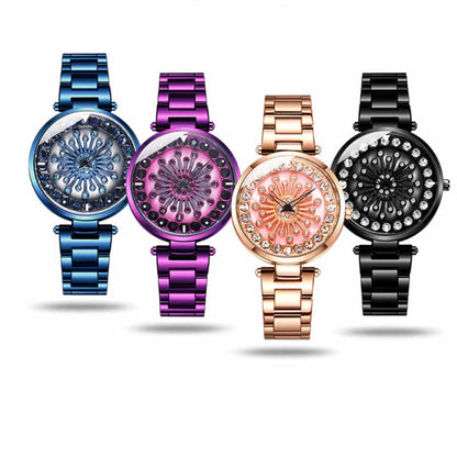 SANDA 1017 Montre Femme Tout Autour du Ciel Étoilé Montre Rotative à 360 Degrés Bracelet en Acier Diamant Montre Femme