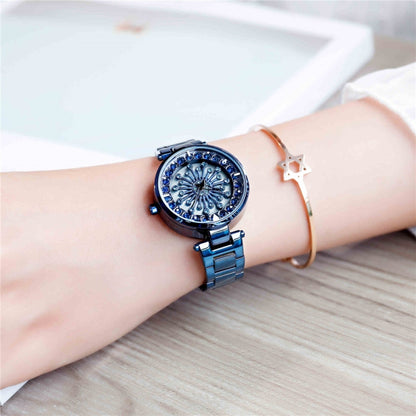 SANDA 1017 Montre Femme Tout Autour du Ciel Étoilé Montre Rotative à 360 Degrés Bracelet en Acier Diamant Montre Femme