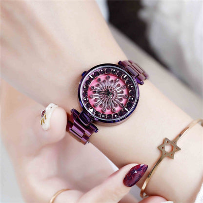 SANDA 1017 Montre Femme Tout Autour du Ciel Étoilé Montre Rotative à 360 Degrés Bracelet en Acier Diamant Montre Femme