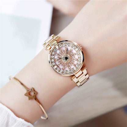 SANDA 1017 Montre Femme Tout Autour du Ciel Étoilé Montre Rotative à 360 Degrés Bracelet en Acier Diamant Montre Femme