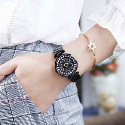 SANDA 1017 Montre Femme Tout Autour du Ciel Étoilé Montre Rotative à 360 Degrés Bracelet en Acier Diamant Montre Femme