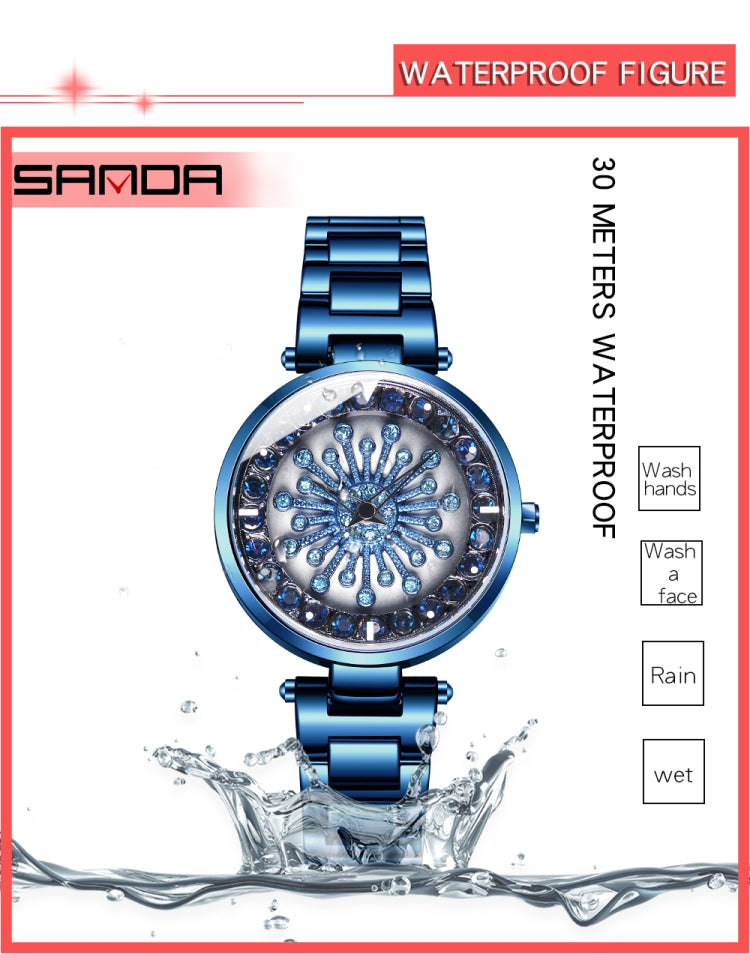 SANDA 1017 Montre Femme Tout Autour du Ciel Étoilé Montre Rotative à 360 Degrés Bracelet en Acier Diamant Montre Femme