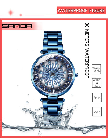 SANDA 1017 Montre Femme Tout Autour du Ciel Étoilé Montre Rotative à 360 Degrés Bracelet en Acier Diamant Montre Femme