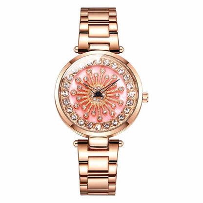 SANDA 1017 Montre Femme Tout Autour du Ciel Étoilé Montre Rotative à 360 Degrés Bracelet en Acier Diamant Montre Femme