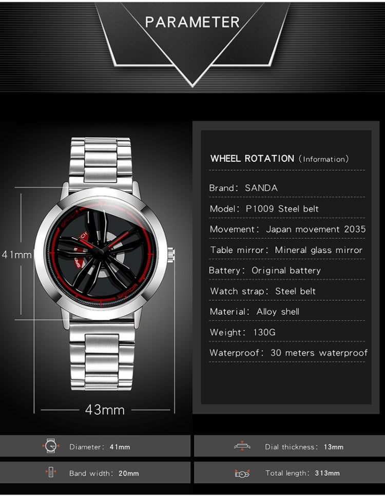 SANDA1009 Montre Homme Étudiant Décontractée Étanche Bracelet en Acier Homme