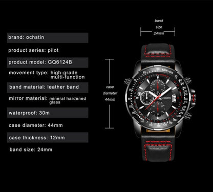 OCHSTIN 6125B Montre à quartz Veilleuse Étanche Chronométrage Multifonction Cuir Mode Hommes Montre