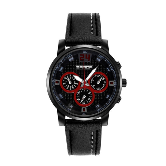 Montre homme SANDA 5009 Business Fashion à trois verres et six aiguilles, en cuir étanche, à quartz, style décontracté.