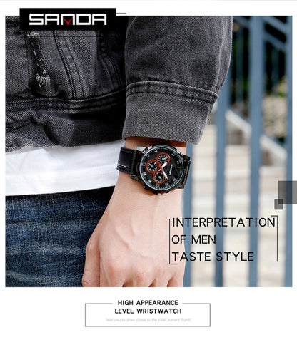 SANDA 5009 Business Fashion Three Eye Six Needle Casual Leather Waterproof Men Quartz Watch