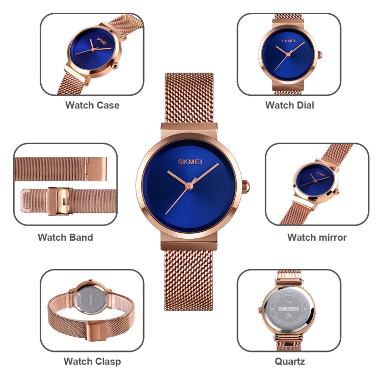 Montre Femme Skmei 1595 Tendance Élégante sans Échelle Bracelet en Acier Maillé Étanche Business Étudiante à Quartz