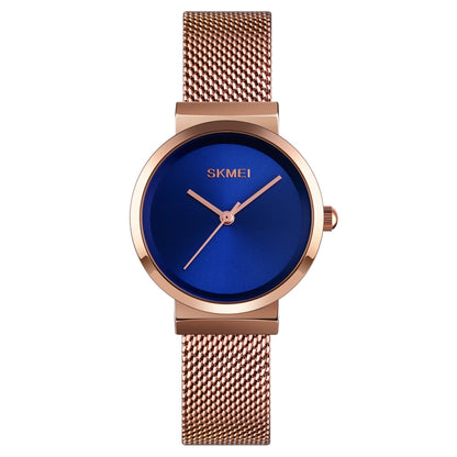 Montre Femme Skmei 1595 Tendance Élégante sans Échelle Bracelet en Acier Maillé Étanche Business Étudiante à Quartz