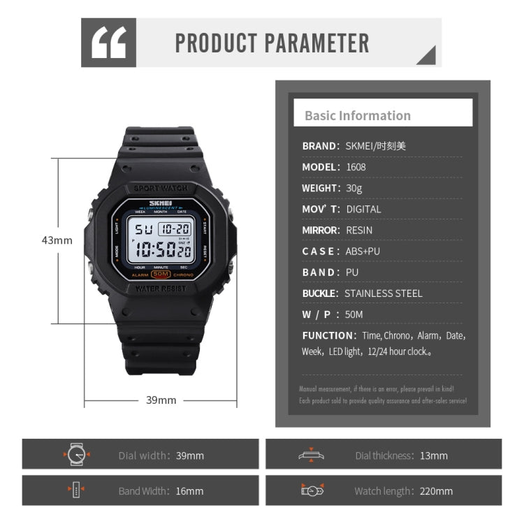 Montre électronique multifonction Skmei 1608 pour étudiant, étanche, avec chronométrage, en silicone, sport