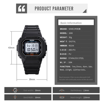 Montre électronique multifonction Skmei 1608 pour étudiant, étanche, avec chronométrage, en silicone, sport