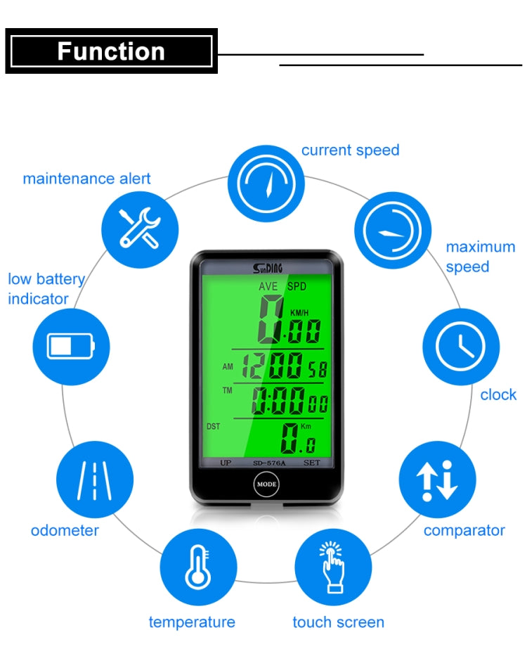 SUNDING SD-576A Waterproof Bike Cycling Odometer Stopwatch LED Digital Rate Speedometer Watch, SD-576A