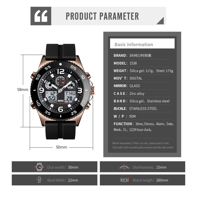 SKMEI 1538 Montre électronique sportive décontractée pour homme avec grand cadran et bracelet en acier multifonction
