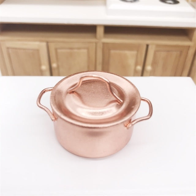 Lot de 3 mini-casseroles de cuisine en cuivre avec couvercle pour maison de poupée, jouets éducatifs pour enfants, casserole en cuivre