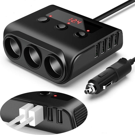 Allume-cigare de voiture TR12 100W Un-pour-trois avec affichage de tension et interrupteur, 4 ports USB, TR12 (Noir), TR12