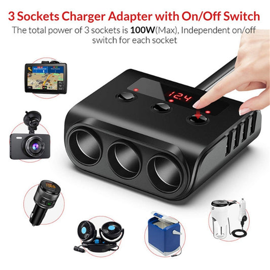 Allume-cigare de voiture TR12 100W Un-pour-trois avec affichage de tension et interrupteur, 4 ports USB, TR12 (Noir), TR12