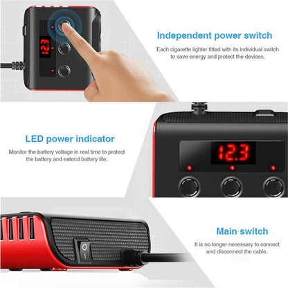 TR12 100W Car Cigarette Lighter One Drag Three With Switch Voltage Display 4USB Car Cigarette Lighteri, TR12 (Black), TR12