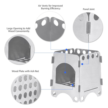 Camping Wood Stove Ultralight Folding Pocket Stove Outdoor Backpacking Cooking Wood Burning Stove Aluminum-Titanium, 7.8 x10.7x8.7cm