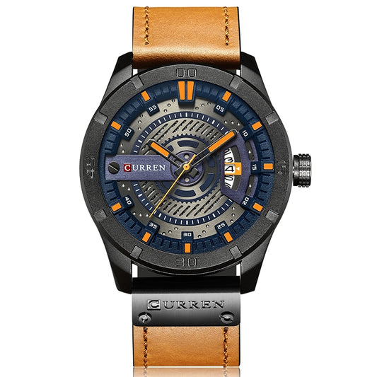 CURREN M8301 Men Military Sports Watch Quartz Date Clock Leather Wristwatch, black case orange, black case red, black case black face deep brown band, black case grey face light brown band, black case blue