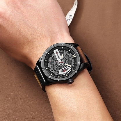 CURREN M8301 Men Military Sports Watch Quartz Date Clock Leather Wristwatch, black case orange, black case red, black case black face deep brown band, black case grey face light brown band, black case blue