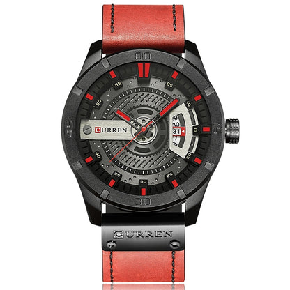 CURREN M8301 Men Military Sports Watch Quartz Date Clock Leather Wristwatch, black case orange, black case red, black case black face deep brown band, black case grey face light brown band, black case blue