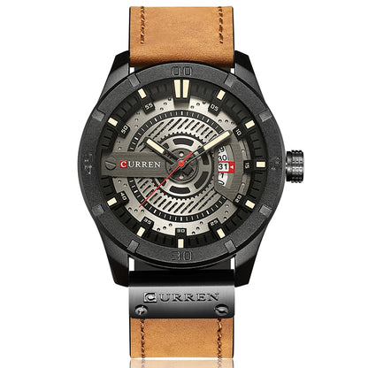 CURREN M8301 Men Military Sports Watch Quartz Date Clock Leather Wristwatch, black case orange, black case red, black case black face deep brown band, black case grey face light brown band, black case blue