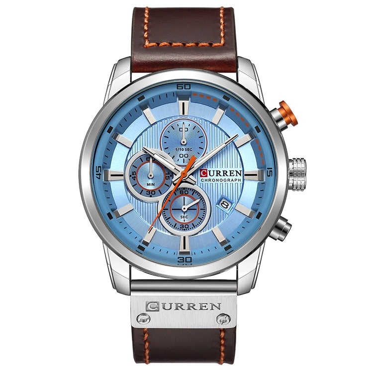 CURREN M8291 Montres chronographe Montre décontractée en cuir pour hommes, Boîtier blanc cadran bleu, Boîtier blanc cadran noir, Boîtier noir cadran bleu, Boîtier noir cadran noir, Boîtier rose cadran café, Boîtier rose cadran gris