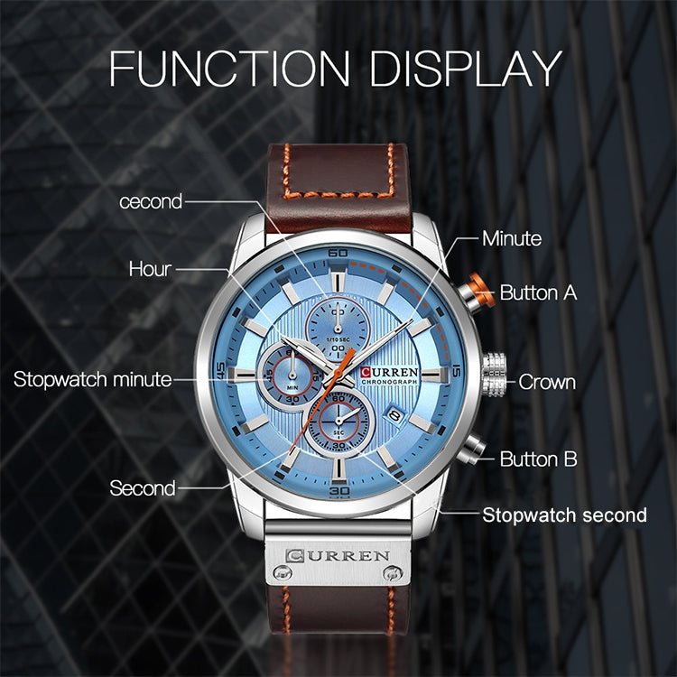 CURREN M8291 Montres chronographe Montre décontractée en cuir pour hommes, Boîtier blanc cadran bleu, Boîtier blanc cadran noir, Boîtier noir cadran bleu, Boîtier noir cadran noir, Boîtier rose cadran café, Boîtier rose cadran gris