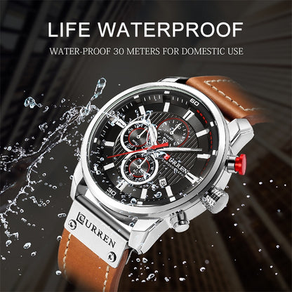 CURREN M8291 Montres chronographe Montre décontractée en cuir pour hommes, Boîtier blanc cadran bleu, Boîtier blanc cadran noir, Boîtier noir cadran bleu, Boîtier noir cadran noir, Boîtier rose cadran café, Boîtier rose cadran gris
