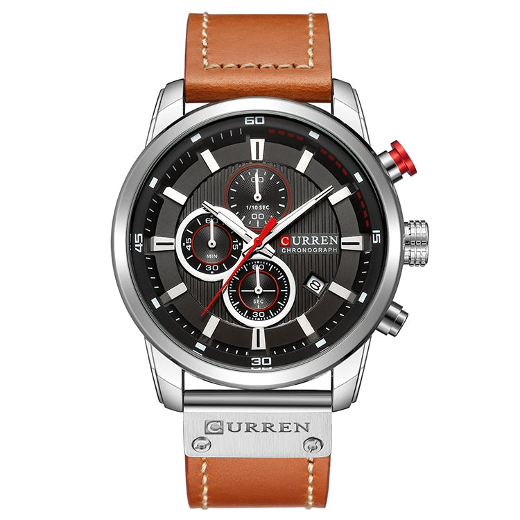 CURREN M8291 Montres chronographe Montre décontractée en cuir pour hommes, Boîtier blanc cadran bleu, Boîtier blanc cadran noir, Boîtier noir cadran bleu, Boîtier noir cadran noir, Boîtier rose cadran café, Boîtier rose cadran gris