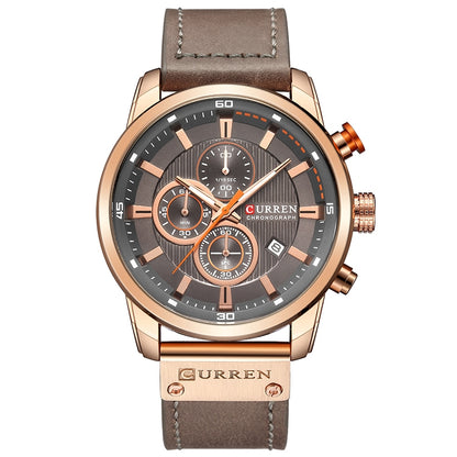 CURREN M8291 Montres chronographe Montre décontractée en cuir pour hommes, Boîtier blanc cadran bleu, Boîtier blanc cadran noir, Boîtier noir cadran bleu, Boîtier noir cadran noir, Boîtier rose cadran café, Boîtier rose cadran gris