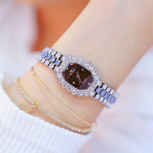 Montre à quartz BS Beesister FA1581 pour femme, cadran octogonal, plaquée diamant et ornée de strass.
