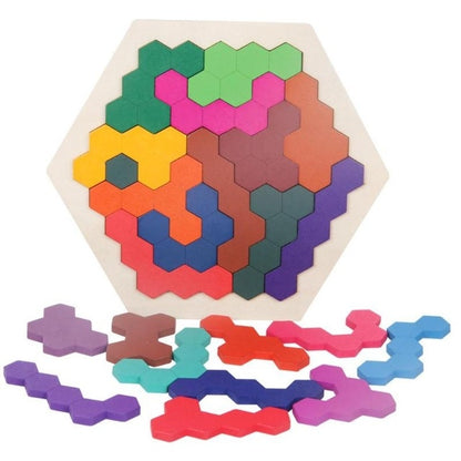Kids 3D Wooden Puzzles Toy Children Geometry Tangrams Honeycomb Puzzles IQ Brain Training Educational Toys, 10 PCS, 14 PCS