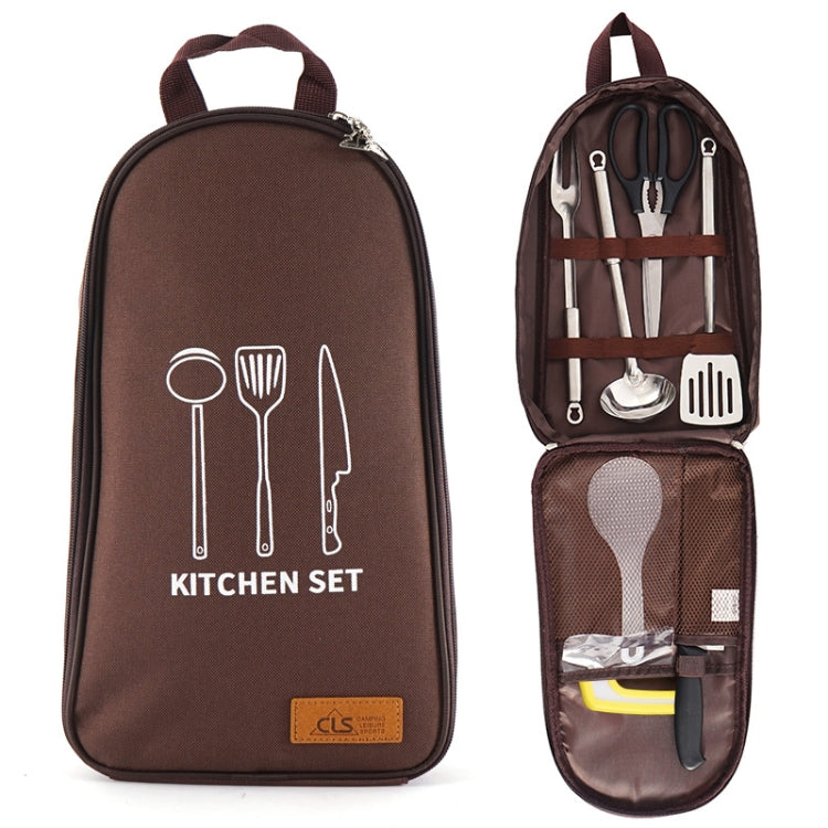 CLS Ensemble d'ustensiles de cuisine d'extérieur 7 en 1 en acier inoxydable 201 Sac à main portable Sac de pique-nique, Motif triangle 7 en 1, Café 7 en 1