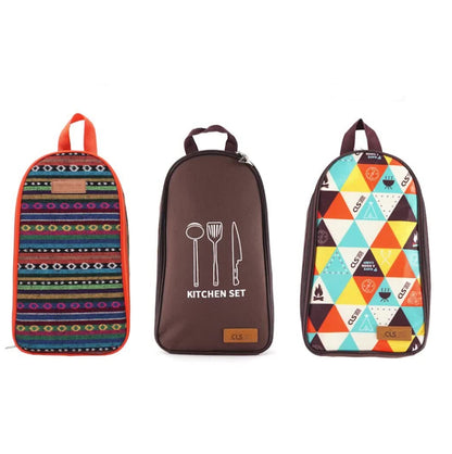 CLS Ensemble d'ustensiles de cuisine d'extérieur 7 en 1 en acier inoxydable 201 Sac à main portable Sac de pique-nique, Motif triangle 7 en 1, Café 7 en 1