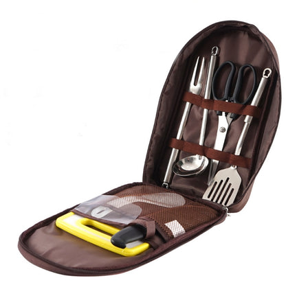 CLS Ensemble d'ustensiles de cuisine d'extérieur 7 en 1 en acier inoxydable 201 Sac à main portable Sac de pique-nique, Motif triangle 7 en 1, Café 7 en 1