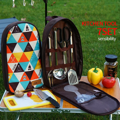 CLS Ensemble d'ustensiles de cuisine d'extérieur 7 en 1 en acier inoxydable 201 Sac à main portable Sac de pique-nique, Motif triangle 7 en 1, Café 7 en 1