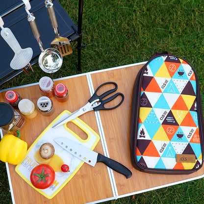 CLS Ensemble d'ustensiles de cuisine d'extérieur 7 en 1 en acier inoxydable 201 Sac à main portable Sac de pique-nique, Motif triangle 7 en 1, Café 7 en 1