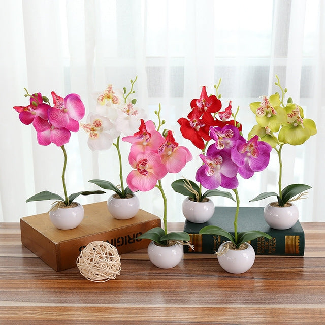 Decorative Landscaping Round Pot Three Flowers Phalaenopsis Bonsai Simulation Potted Plants