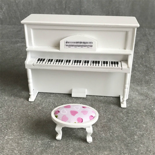 Piano et banc miniatures de maison de poupée 1:12, blanc, rose, noir