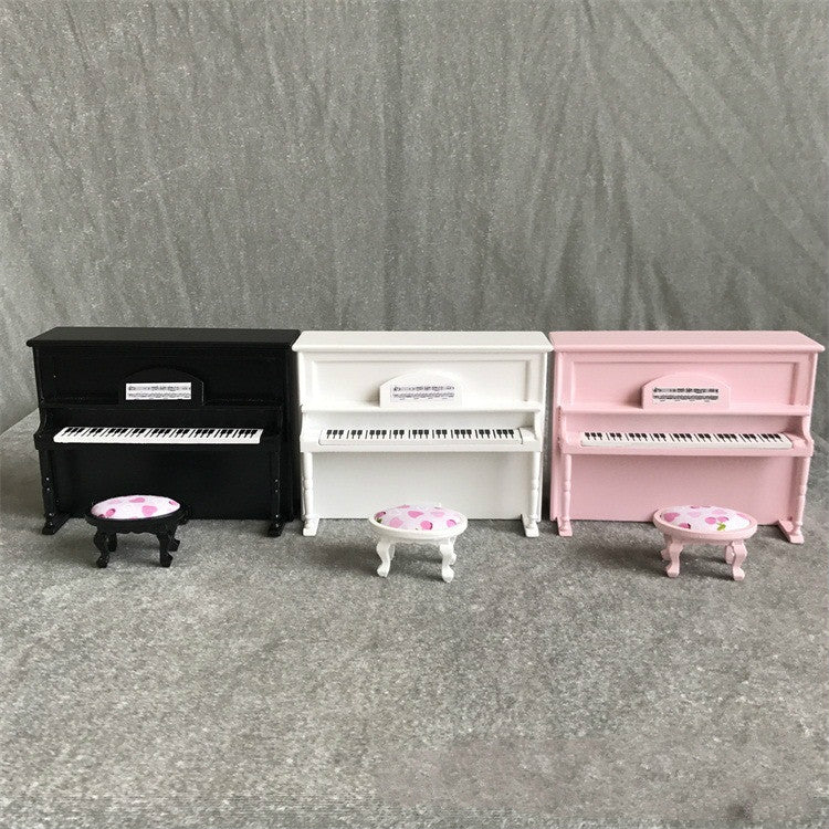 1:12 Mini House Toy Simulatio Piano and Bench, White, Pink, Black
