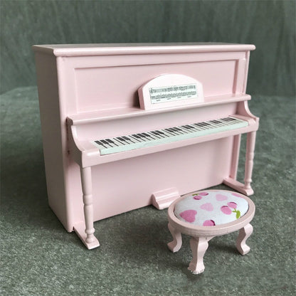 1:12 Mini House Toy Simulatio Piano and Bench, White, Pink, Black