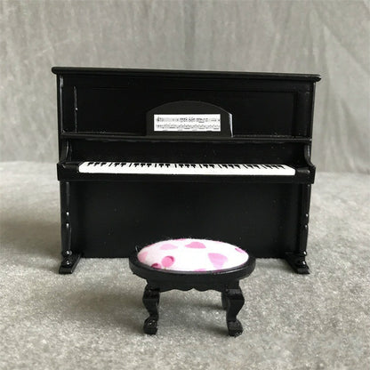 1:12 Mini House Toy Simulatio Piano and Bench, White, Pink, Black
