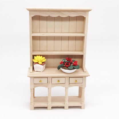 Dollhouse Furniture Miniature Study Room Decoration Wooden Bookcase Cabinet with Drawers, Wooden Bookcase