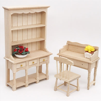 Dollhouse Furniture Miniature Study Room Decoration Wooden Bookcase Cabinet with Drawers, Wooden Bookcase